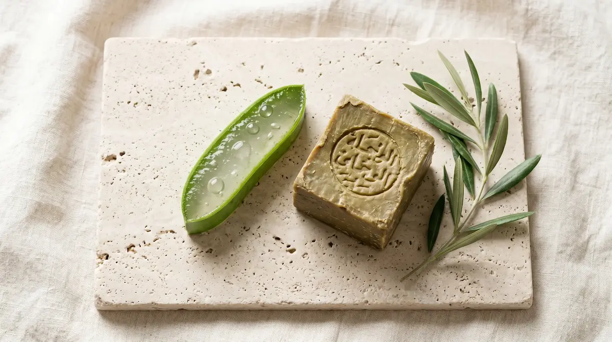 Ingredientes naturales: jabón de Alepo y aloe vera